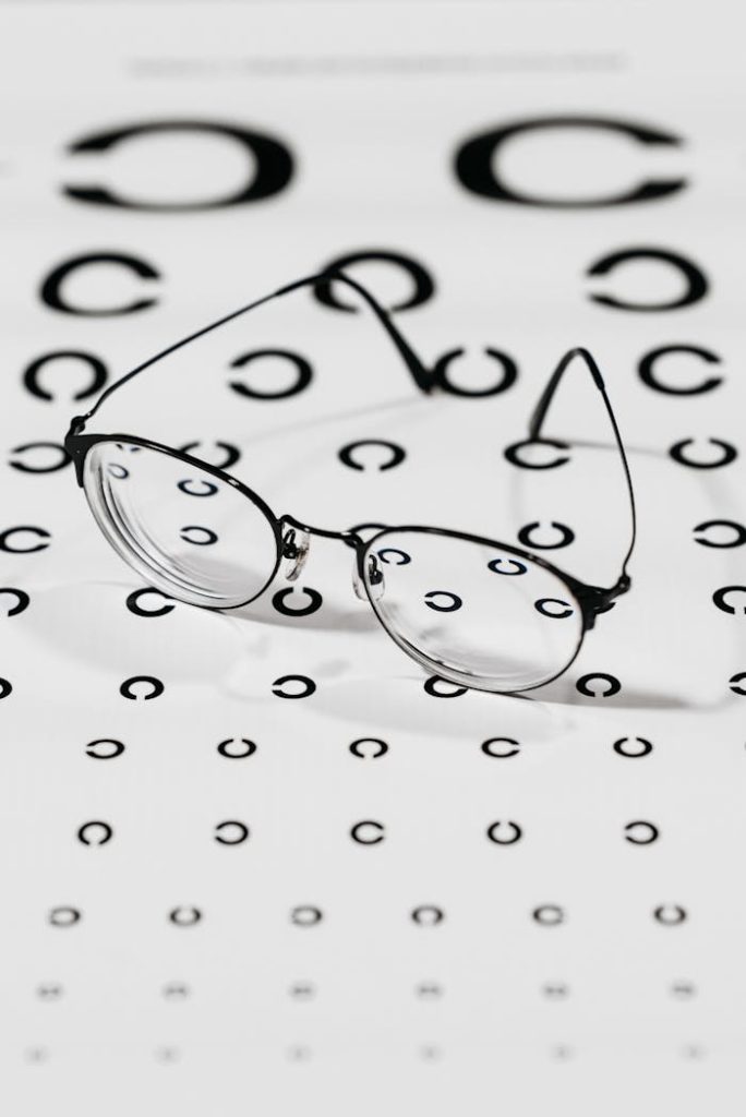 Eyeglasses resting on a Snellen eye test chart emphasizing vision correction and eye care.